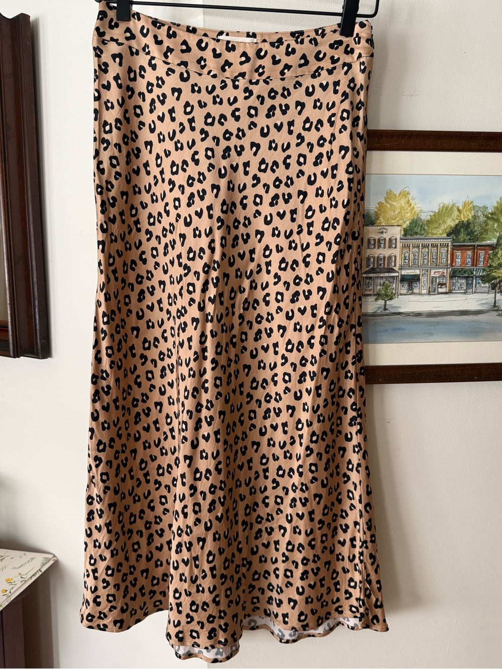 Sezane Leopard Satin A-Line Midi Skirt, size 4 (fr 36)